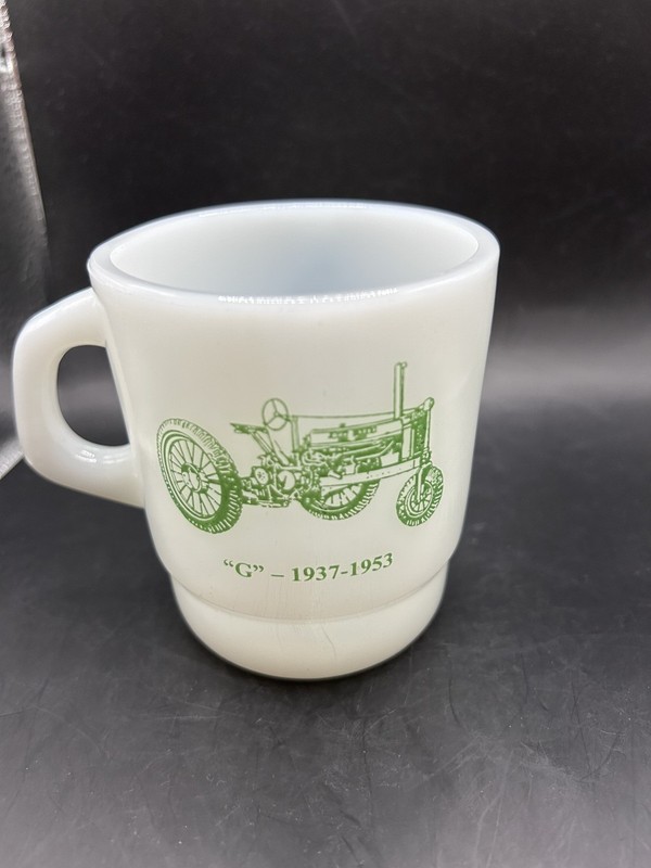 VINTAGE MILK GLASS MUG JOHN DEERE ADVERTISING IOWA DEALERSHIP COFFEE CUP 1993