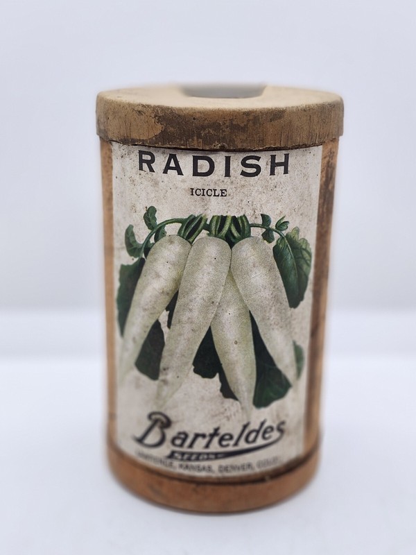 Vintage Barteldes White Icicle Radish Seeds Cardboard Canister Container KS, CO