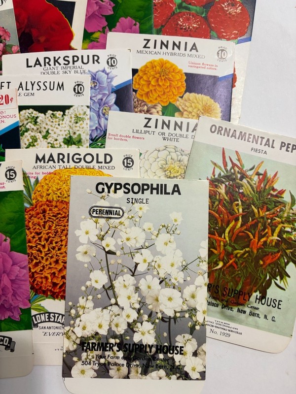25 vintage flower seed packages, empty gallery