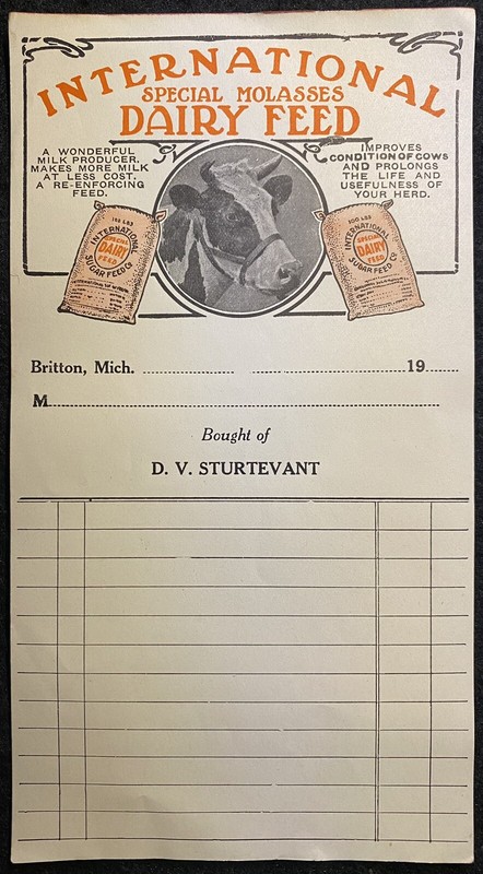 1900c **INTERNATIONAL DAIRY FEED** ((D. V. STURTEVANT)) BRITTON, MICH. BILLHEAD!
