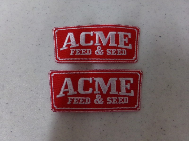 Lot of 2 Acme Feed & Seed Hat or Shirt Patches ~ NEW Old Stock ~ 1 1/4″ x 3″