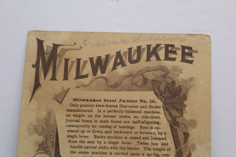 1890s Milwaukee Harvester Co. Farm Implements Ad Trade Card Mifflinburg Pa gallery