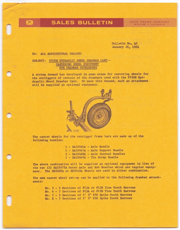 Vintage 1961 John Deere Sales Bulletin Dealership Memo – WHEEL DRAWBAR CART