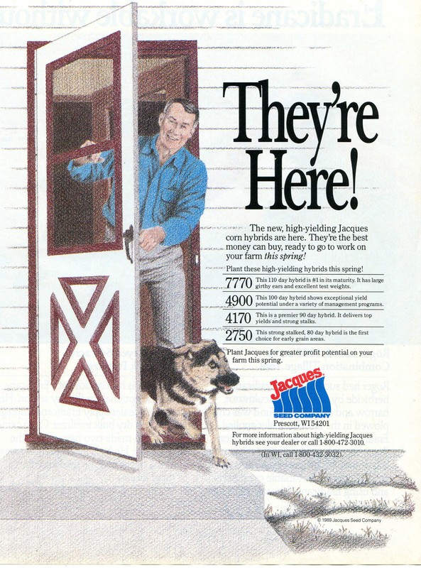 1989 Print Ad of Jacques Seed Company Hybrid Corn Seed farmer & dog