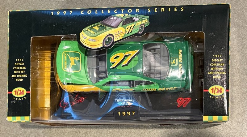 1997 Collector Series John Deere Motorsports 1/24 Coin Bank W/Key Opening Hood
