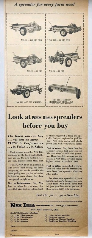 1959 New Idea Farm Equiptment PTO Spreaders Farm Print Ad Coldwater Ohio OH