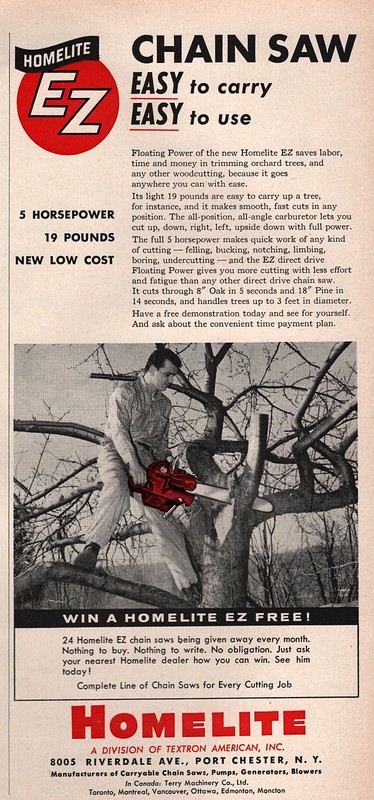 1956 Homelite EZ Chainsaw "Easy to Care, Easy to Use" Original Ad