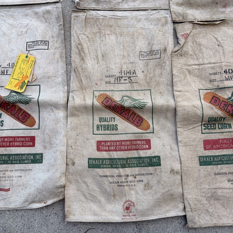 Set of 6 Dekalb Seed Hybrid Corn Lined Waterproof Bags 1940s W/Tags Seed Sack gallery