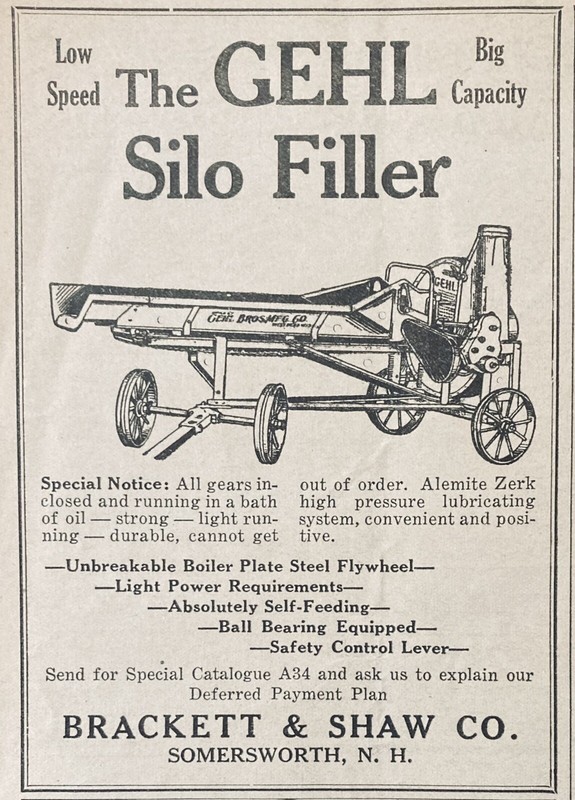 1931 AD.(XH38)~BRACKETT & SHAW CO. SOMERSWORTH, NH. DEALER OF GEHL SILO FILLER