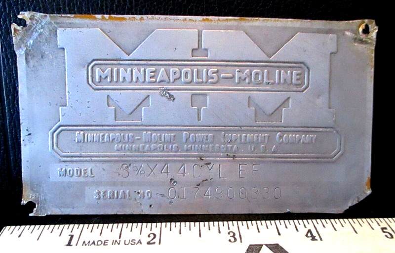 MM Minneapolis Moline Power Implement Co. Serial Number Plate ID Tag Sign Emblem