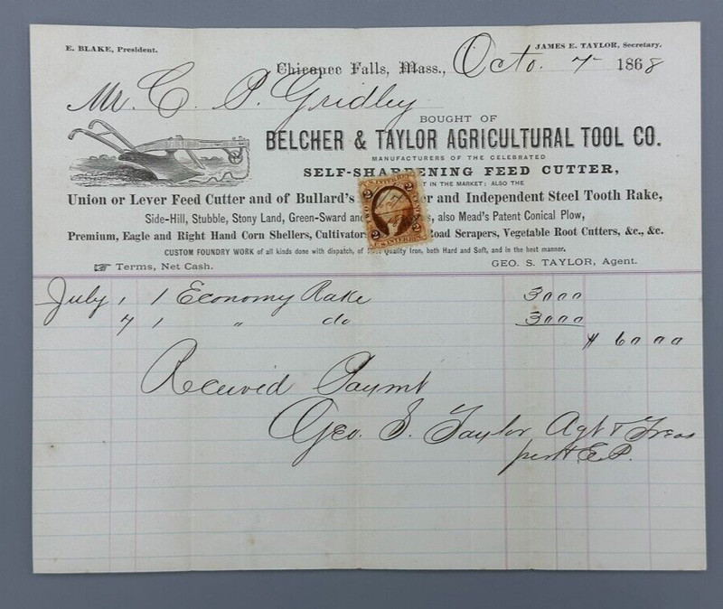 1868 BELCHER & TAYLOR Agricultural Tool FARM Stamp Billhead CHICOPEE FALLS MA
