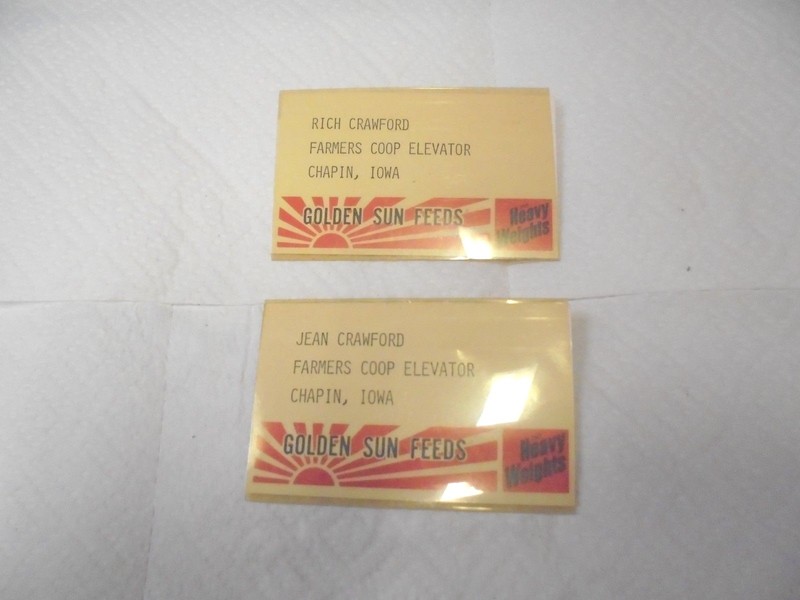 2 name tags golden sun feeds rich & jean crawford chapin iowa farmers coop