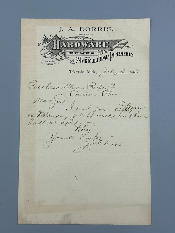 1893 TEKONSHA Michigan FARM MACHINERY Hardware PUMPS Antique Advertising Letter gallery