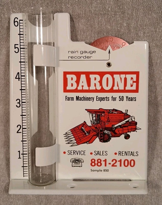 Vtg Advertising BARONE Farm Machinery Rain Gauge Glass & Metal Salesman Sample?