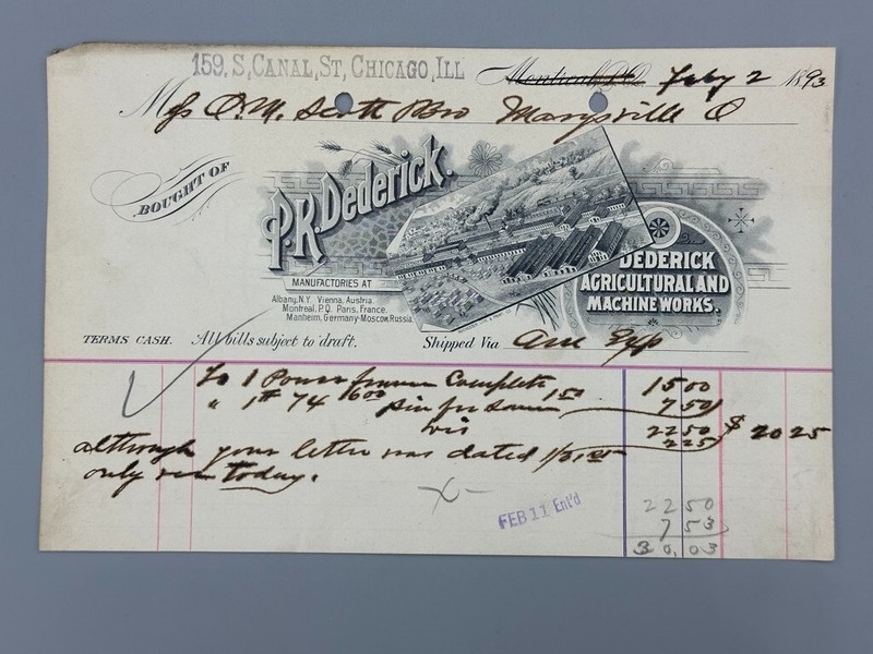 1893 P K DEDERICK Agricultural & MACHINE WORKS Billhead FARM ADVERTISING