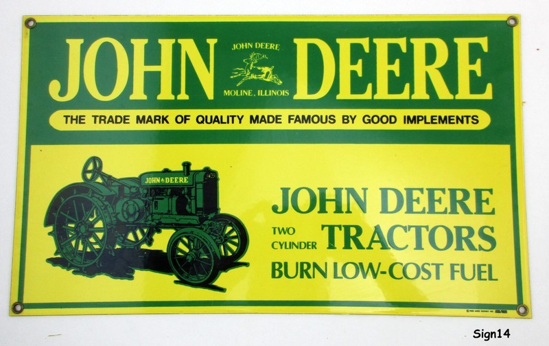 Vtg Ande Rooney Porcelain Sign John Deere 2 Cylinder Tractors 15 1/2″ x 9″ S14