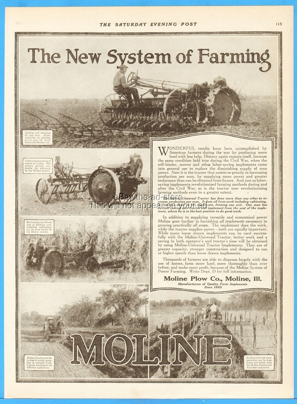 1919 Moline Plow Company Ad Universal Farm Tractor Seeding Cultivator Implements