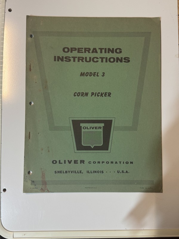 Oliver Corn Picker Model 3 Operating Instructions Vintage Antique