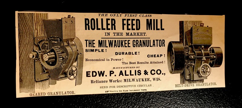 1886 Allis Farm Co. Feed Mill Engraving Advertising – Milwaukee – Wisconsin