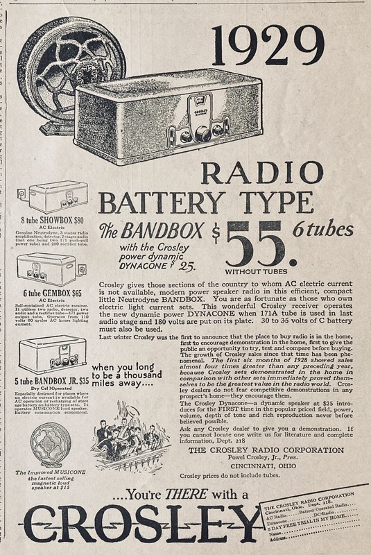 1928 AD.(XG24)~CROSLEY RADIO CO. CINCINNATI, OHIO. BATTERY TYPE BANDBOX RADIO