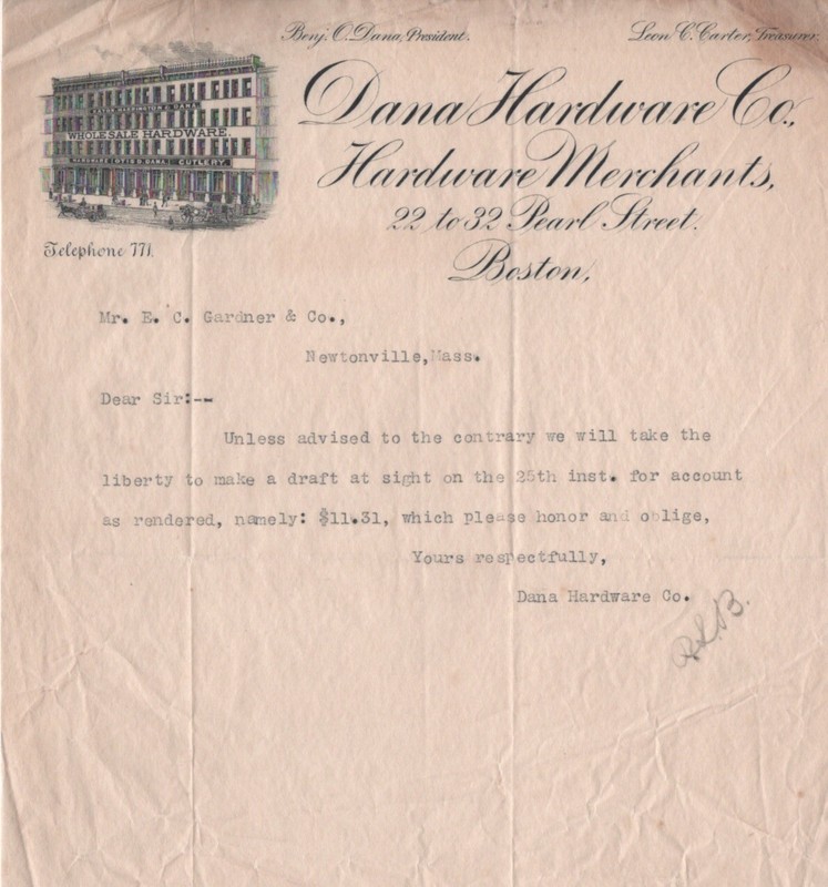 DANA HARDWARE CO. PEARL STREET BOSTON MASS LETTERHEAD TO E.C. GARDNER & CO