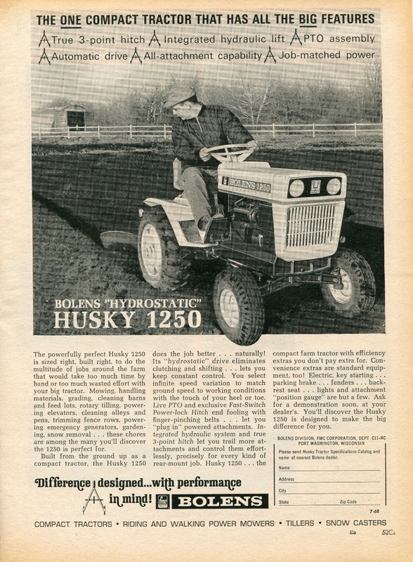 1968 Print Ad of FMC Bolens Hydrostatic Husky 1250 Farm Tractor