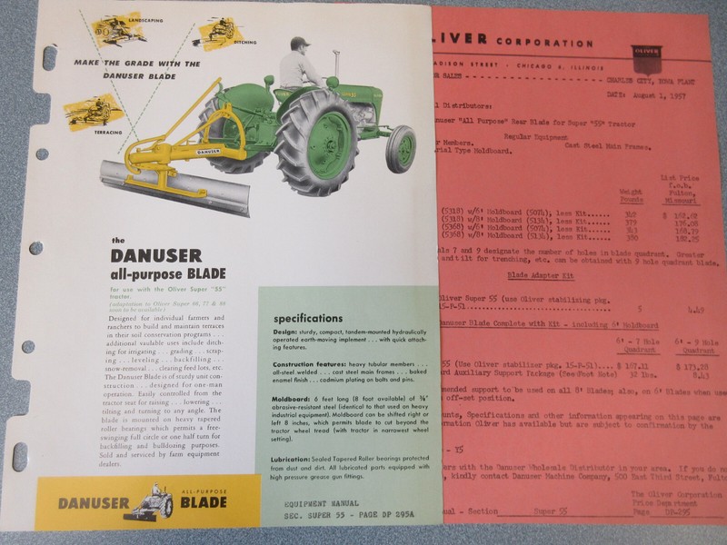 Oliver Danuser Scraper Blade for Super 55 Tractor Brochure 2 Page w/Prices