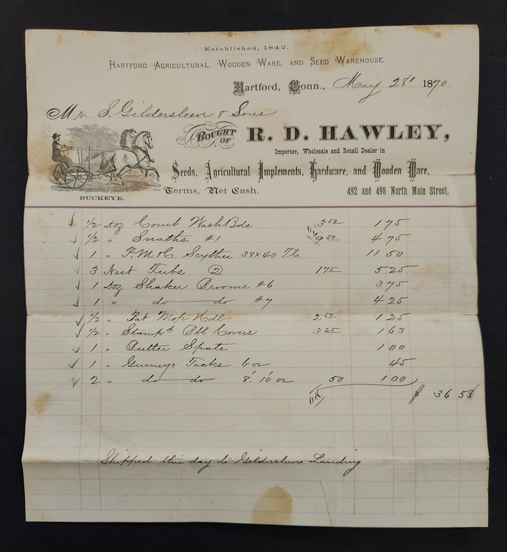 1870 antique BILLHEAD hartford ct RD HAWLEY Seeds Agricultural GILDERSLEEVE