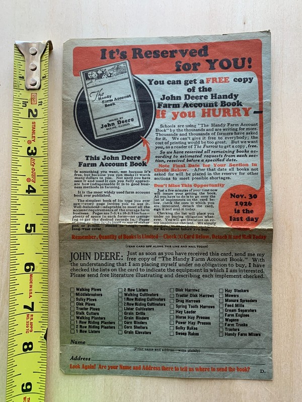 Vintage 1926 John Deere Farm Account Book Ad Order Form Mailer gallery