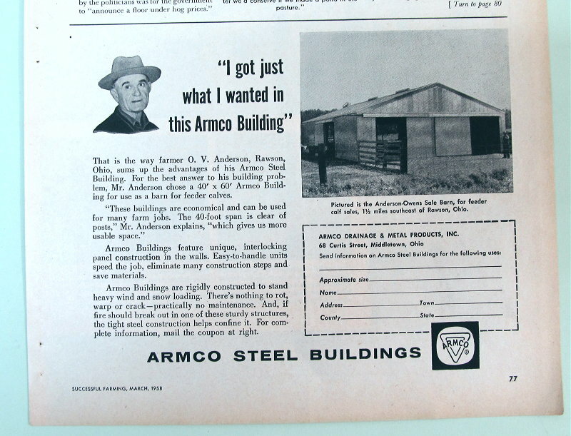 Original 1958 ARMCO Building Ad features O V Anderson of Rawson Ohio