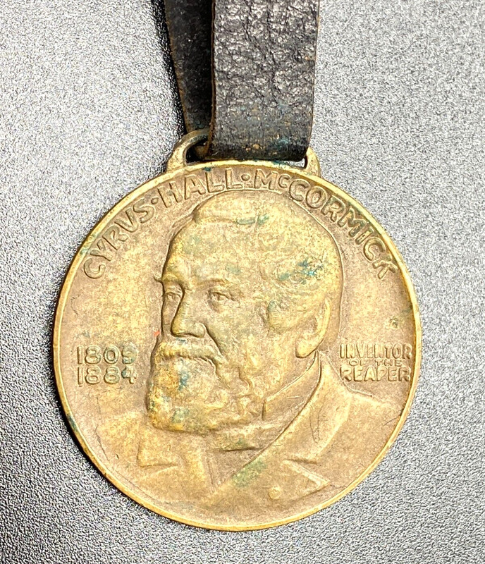 Vtg. INTERNATIONAL HARVESTER CO. REAPER watch fob on strap Cyrus Hall McCormick