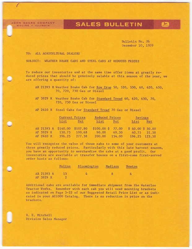 VTG 1959 John Deere Sales Bulletin Dealership Memo – Weather Brake Tractor Cabs