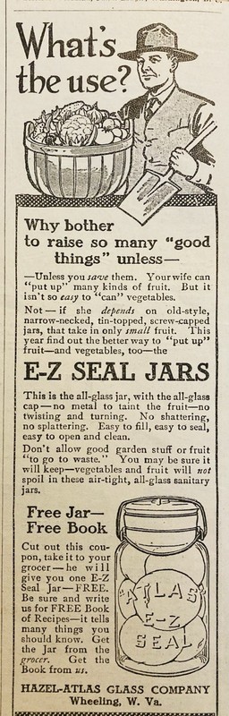 1912 AD.(XH87)~HAZEL-ATLAS GLASS CO. WHEELING, W. VA. E-Z SEAL JARS