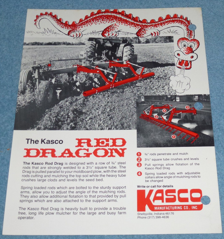 Vintage Kasco Mfg Co Red Dragon Rod Drag For Plows Farm Equipment Brochure Sheet