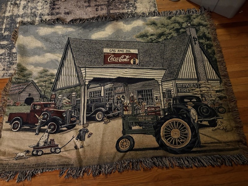 Coca-Cola John Deere Country Store Red Truck Gas Oil Dog Woven Tapestry Blanket