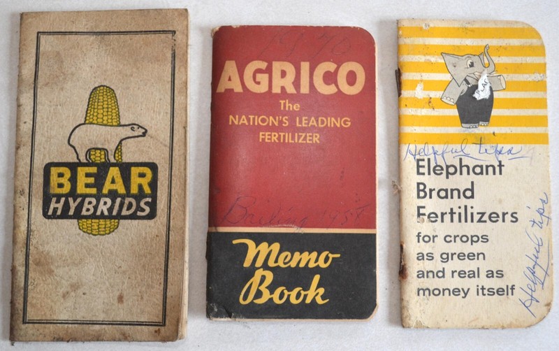 Vintage Farming Memo Books: Bear Hybrids 1942, Agrico 1956, Elephant Fertilizer
