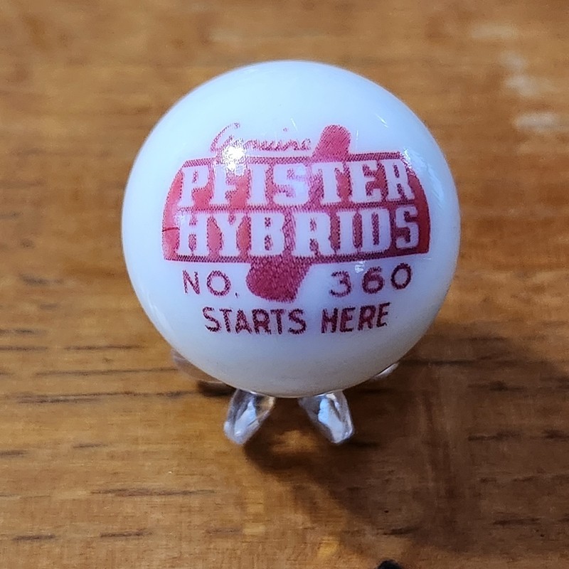 PFISTER HYBRIDS CORN SEED FEED FARMING ADVERTISING MARBLE 1″ SHOOTER Sz & STAND