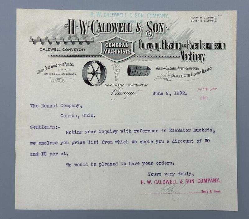 1892 H W Caldwell MACHINERY South Bend Pulley Antique Advertising Chicago Letter