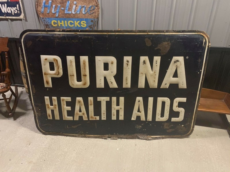 RARE LARGE VINTAGE Embossed PURINA Health Aids Sign FEED SEED FARM GAS OIL