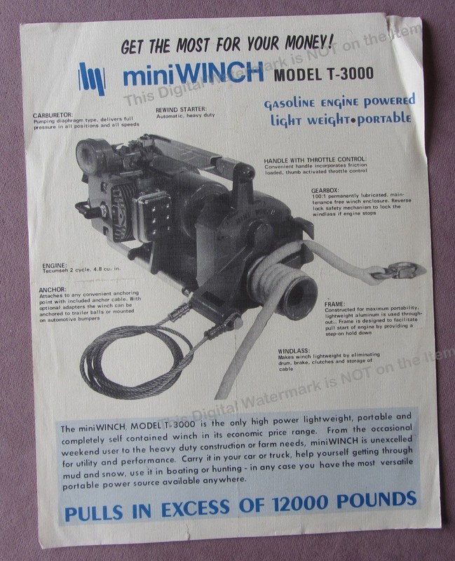 c1970s Mini Winch Model T-3000 Sales Brochure Specs by Triway Mfg Marysville WA