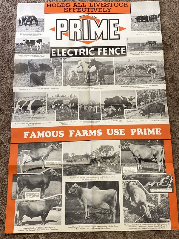 VTG ANTIQUE PRIME ELECTRIC FENCE OLD ADVERTISING SIGN POSTER