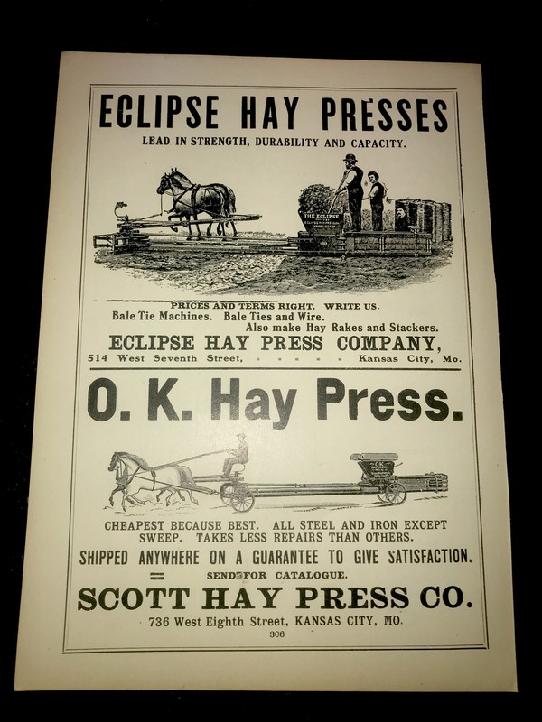 1905 Eclipse – O.K. – Admiral Hay Press Farm Advertising – Kansas City Missouri