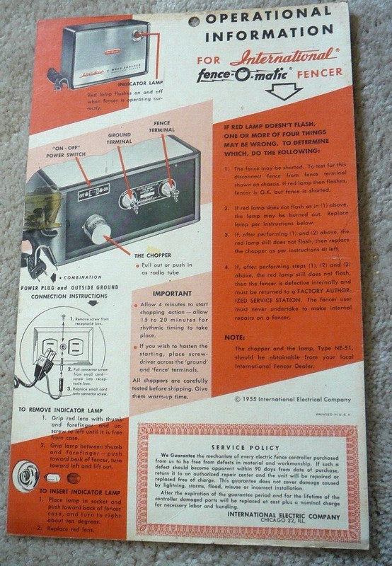 Vintage 1955 INTERNATIONAL ELECTRIC FENCE-O-MATIC Instruction Installation Sheet