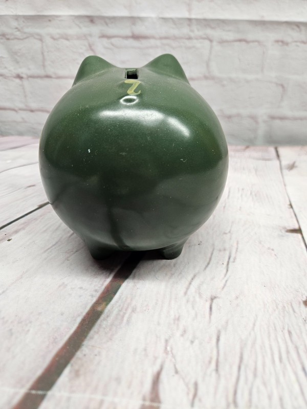 John Deere Ceramic Piggy Bank Stoneware Smiling Pig Green Yellow Authentic Logo gallery