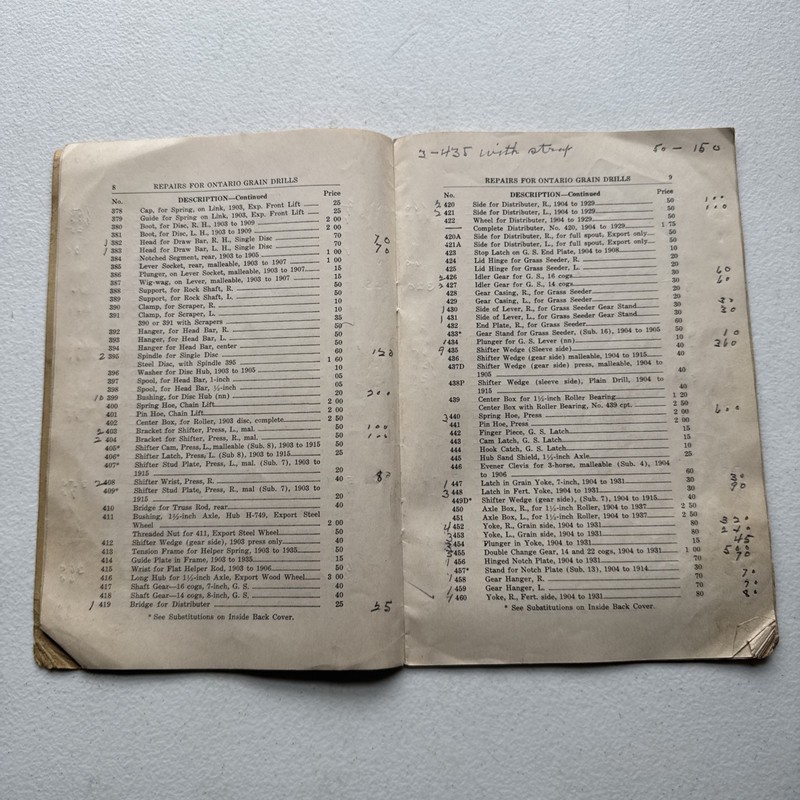 Ontario Drill Co. No. 39 Grain Drills Price List Of Repairs East Rochester, NY gallery