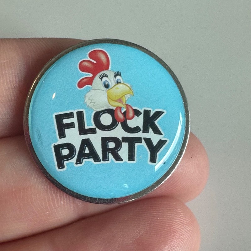 Flock Party Chicken Logo Round Pin – Blue Farm Poultry Button Poultry Food