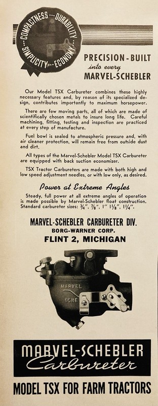 1944 AD.(PC5)~BORG-WARNER CO. FLINT, MI. MARVEL-SCHEBLER TRACTOR CARBURETORS