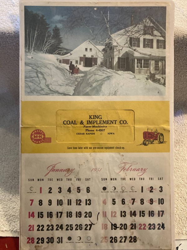 vintage 1951 Massey Harris tractor dealer advertising calendar Cedar Rapids Iowa