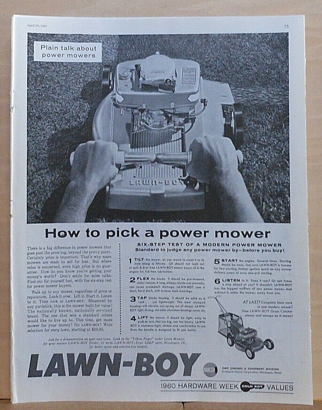 1960 magazine ad for Lawn-Boy mowers – How To Pick A Power Mower, 6 step test