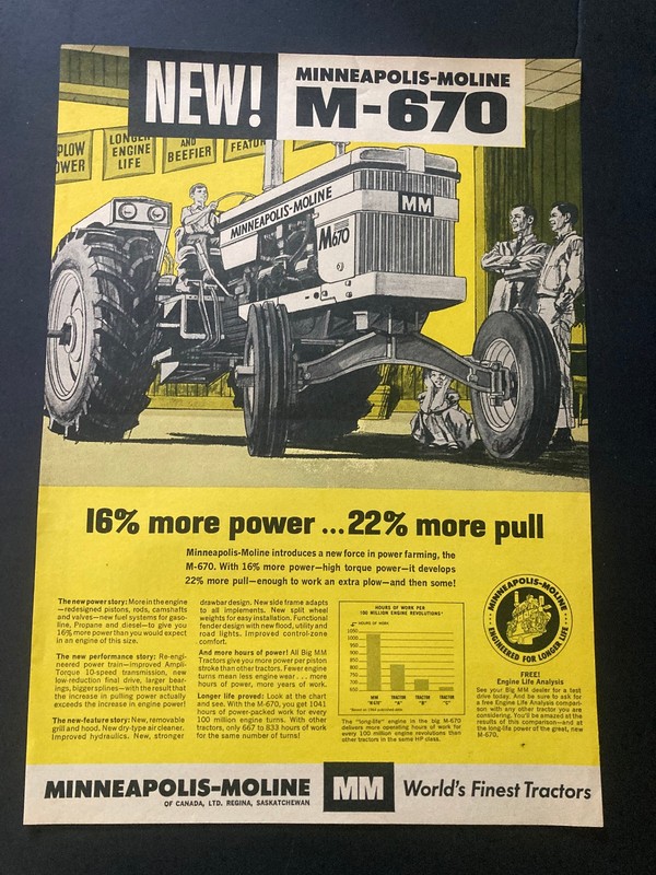 1965 CANADIAN CANADA TRACTOR AD MINNEAPOLIS MOLINE MODEL M 670 (NEW)